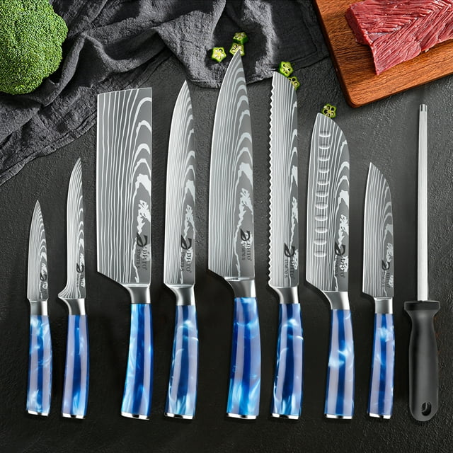 DFITO 9-Piece Kitchen Knife Set, Stainless Steel Professional Cutlery Knife with Knife Sheaths, Ultra Sharp Kitchen Knives with Knife Storage Bag, Blue