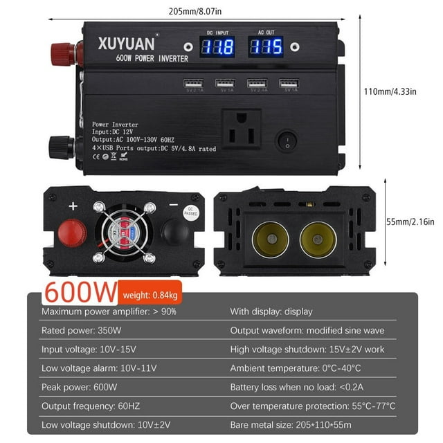 Inverter, DFITO 600W Car Power Inverter Dc 12V/24V to 110V Ac Converter, with Dual Ac Outlet and 4 USB Car Charger for Camping/ Road Trips/ Outdoor Work