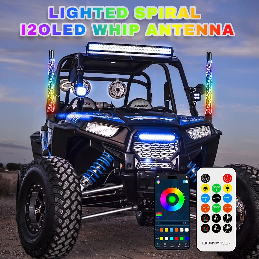 2 Pack 1FT Whip Lights,DFITO LED Whip Light with App & Remote Control, Spiral RGB Chasing Lighted Whips with Rocker Switch, Music Whip Light