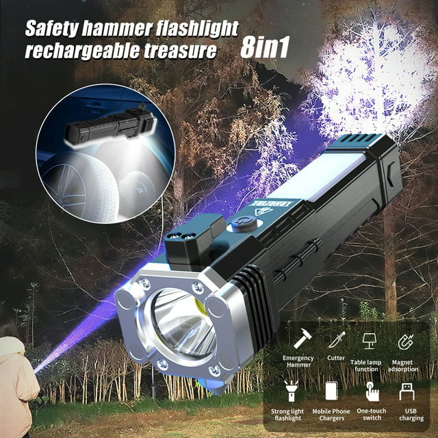 Car Safety Hammer Flashlight, Emergency Rescue Tool, LED High Lumens Rechargeable Solar Powered Escape Kit, Multi-Function Torch(2 Pack)