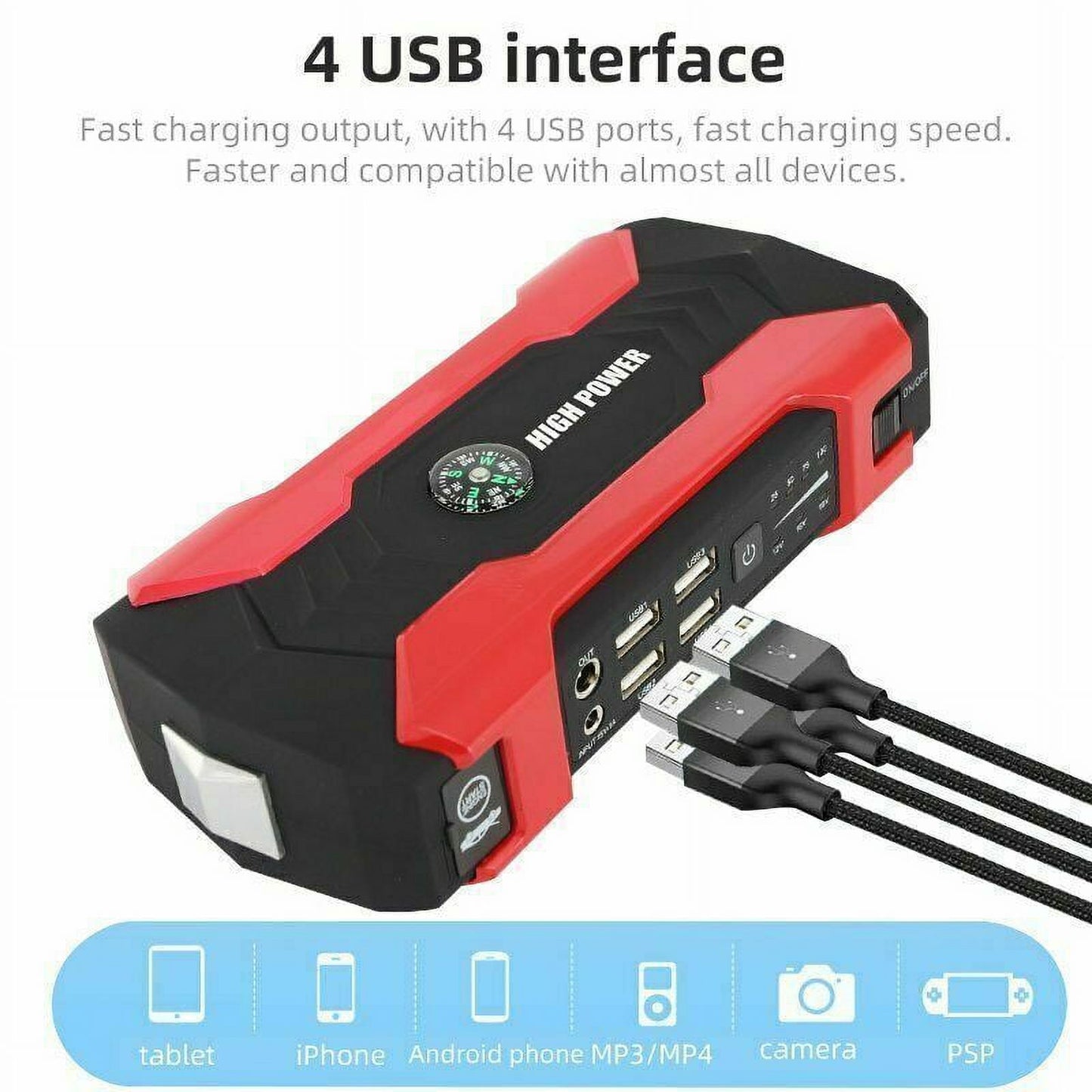 Multi-functional Car Battery Jump Starter 28000mAh Portable Charger Power Bank for Cell Phone, 4 USB Ports, LED Flashlight, Emergency 12V Auto Power Pack by DFITO
