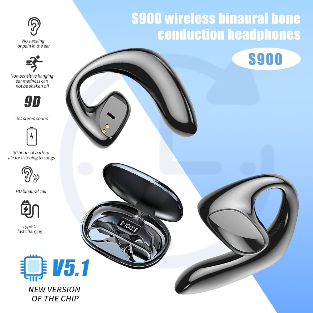 Wireless Earbuds Bluetooth 5.1Bone Conduction Headphones Waterproof Sports Earphones Open Ear Earhooks Headset with Power Display Charging Case Mics for Workout Black