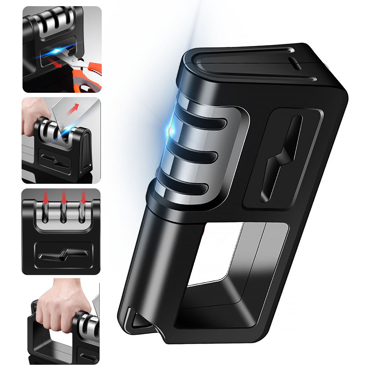 Knife Sharpeners, 4 in 1 Kitchen Blade and Scissors Sharpening Tool, Manual Knife Sharpener Kitchen for Ceramic, Steel Knives and Scissors,Black