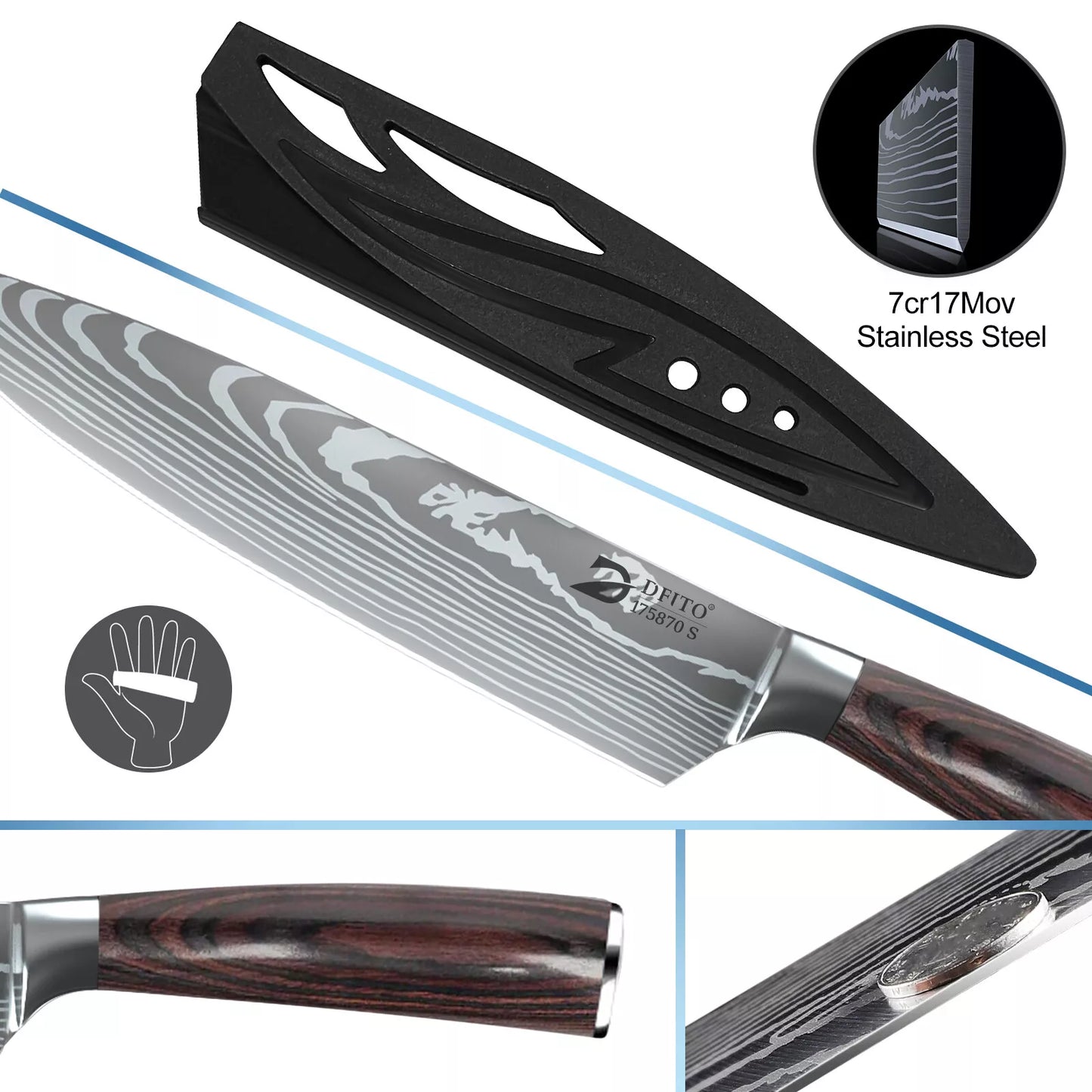 Kitchen Knife Set Damascus Pattern Chef Knives Stainless Steel Cleaver with Bag