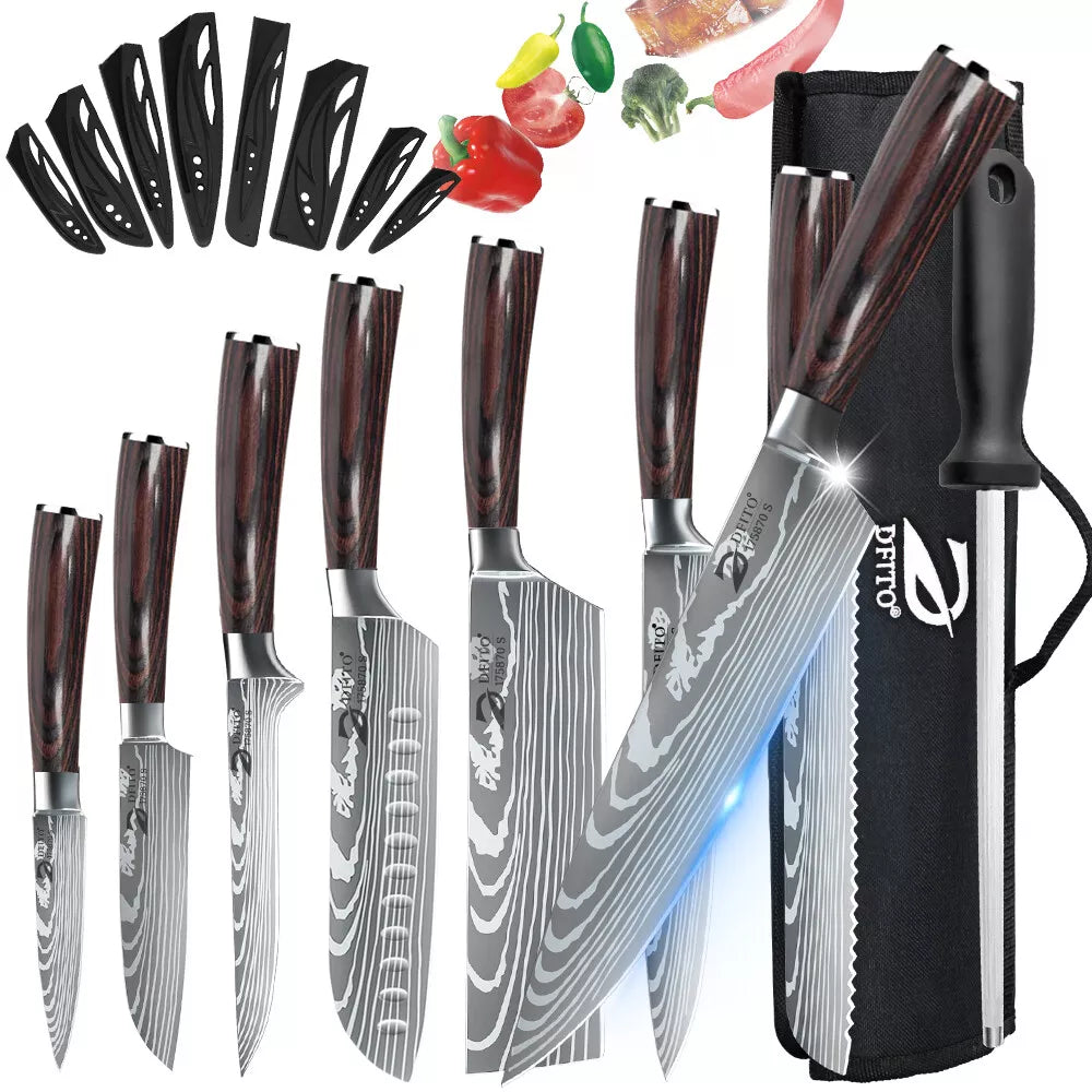 Kitchen Knife Set Damascus Pattern Chef Knives Stainless Steel Cleaver with Bag