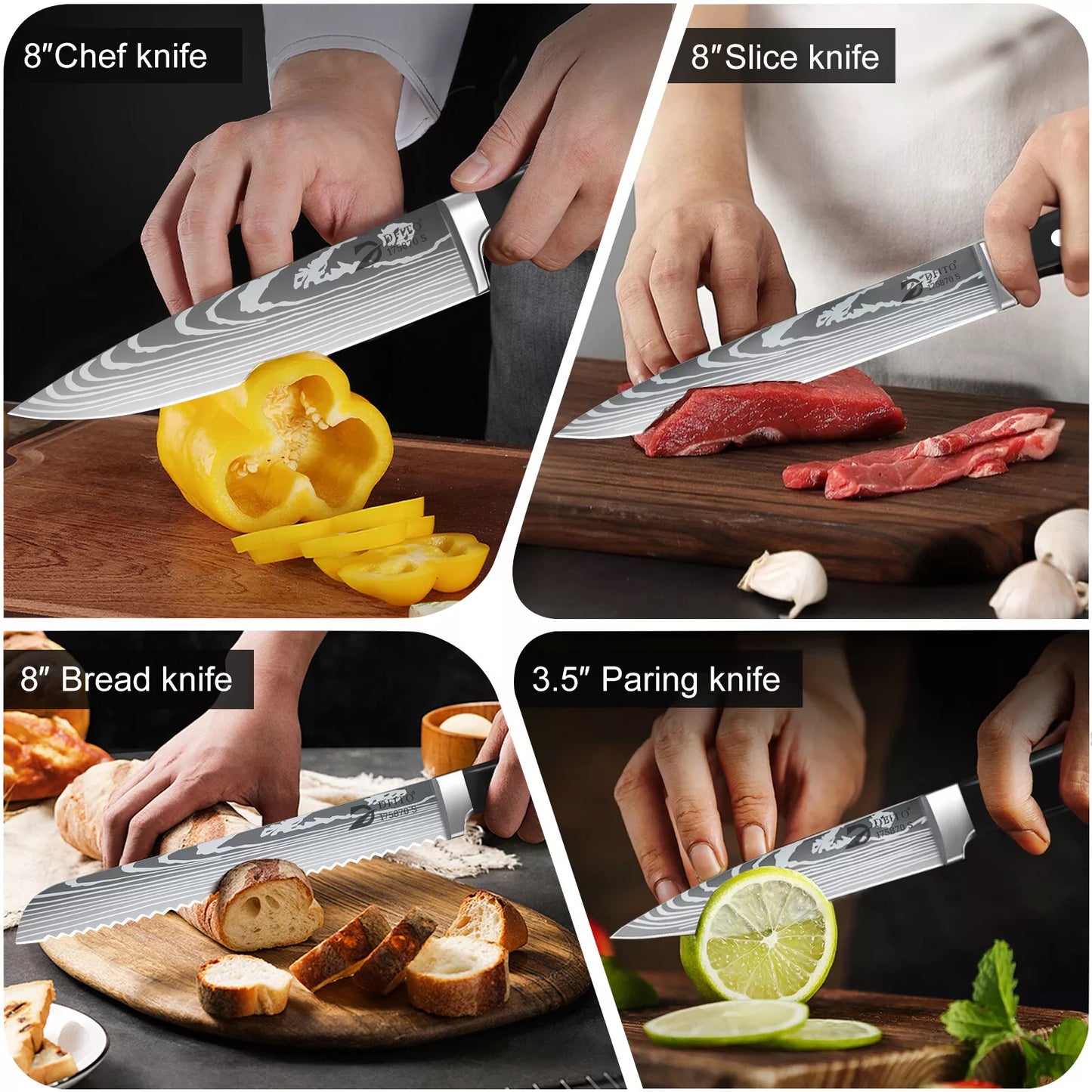8 PCS Kitchen Knives Set Stainless Steel Japanese Damascus Pattern Chef's Knife