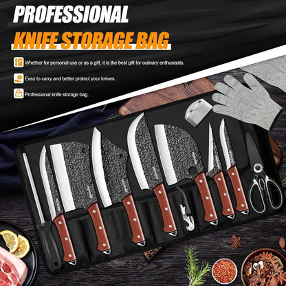 Butcher Knife Set,DFITO 14 PCS Chef Knife Set with Bag, Hand Forged Kitchen Knife Set Meat Cleaver Boning Knife Viking Knife for Kitchen Camping Outdoor BBQ（de）