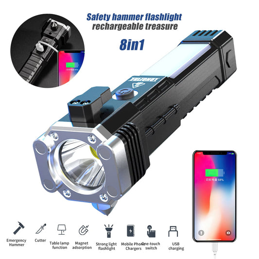 Zengest Multifunctional Rechargeable Flashlight, Safety Hammer Window Breaker, All-in-One Emergency Escape Hammer, with Seat Belt Cutter, Power Bank, LED Torch