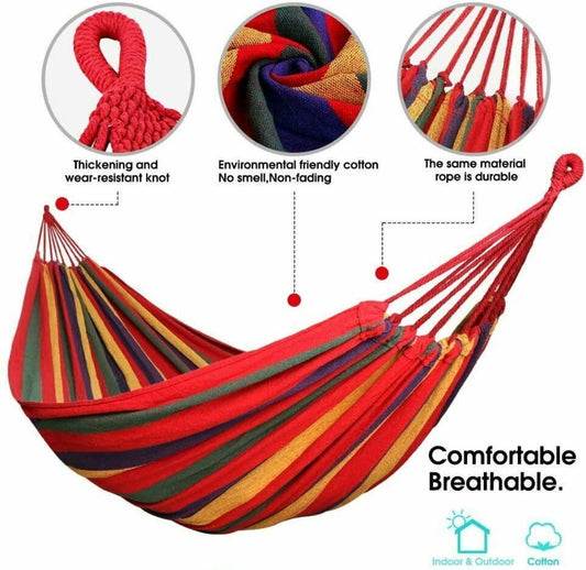 Double Hammock 2 people,DFITO Canvas Cotton Hammock with Carrying Bag Travel, Beach, Backyard etc (Red Stripes)