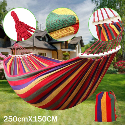 Double Hammock 2 people, with Two Anti Roll Balance Beam,DFITO Canvas Cotton Hammock with Carrying bag Travel, Beach, Backyard etc (Red Stripes)