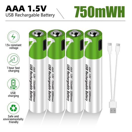 Rechargeable Lithium AAA Batteries 4Packs,DFITO 750 mWh Rechargeable AAA Battery Constant Output 1.5V Li-ion AAA Battery, 2H Fast Charge with USB Cable, 1000 Cycles Life-span for Toy Cars Toothbrush