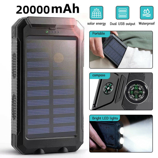 DFITO 20000mAh Waterproof USB Portable Charger Solar Power Bank Wireless Battery Backup Charger Solar Panel Charger for Cell Phone with Dual LED Flashlights and Compass