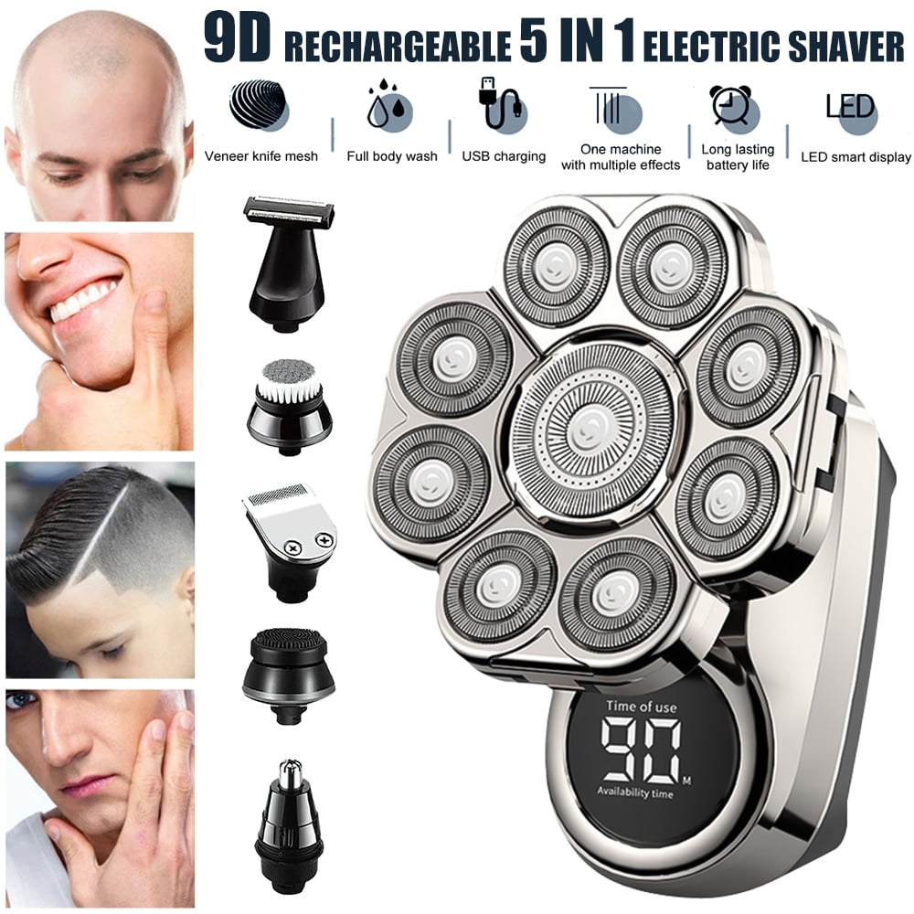 9D Electric Head Shaver for Bald Men,DFITO Upgraded 5-in-1 Head Shaver for Bald Men, IPX6 Waterproof Wet Dry Shaving with LED Display Rechargeable Cordless 90 Mins Working