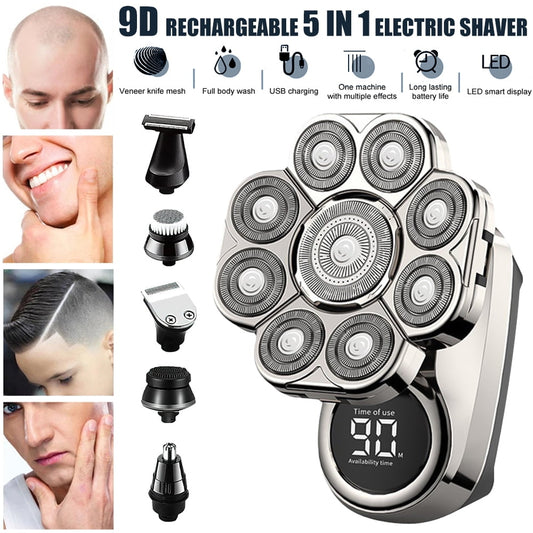 9D Electric Head Shaver for Bald Men,DFITO Upgraded 5-in-1 Head Shaver for Bald Men, IPX6 Waterproof Wet Dry Shaving with LED Display Rechargeable Cordless 90 Mins Working