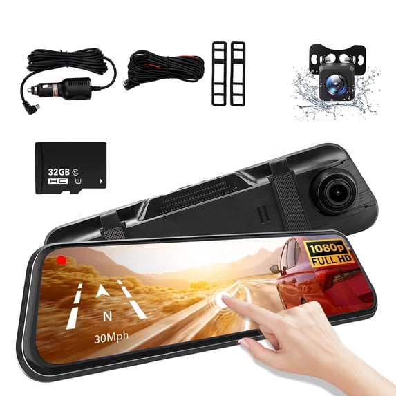 10'' Mirror Dash Cam,DFITO 1080P IPS Touch Screen Front and Rear View Backup Camera for Cars Loop Recording Streaming Media, 170°Wide Angle Parking Assistance with 32GB Memory Card