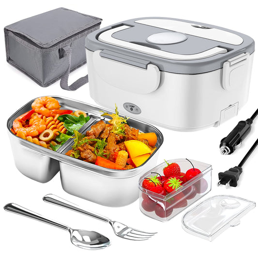 Electric Lunch Box -DFITO Fast 65W Food Heater 3-In-1 Portable Food Warmer Lunch Box W/Leak proof, 2 Compartments, Removable 304 Stainless Steel Container, Fork, Spoon and Carry Bag,White