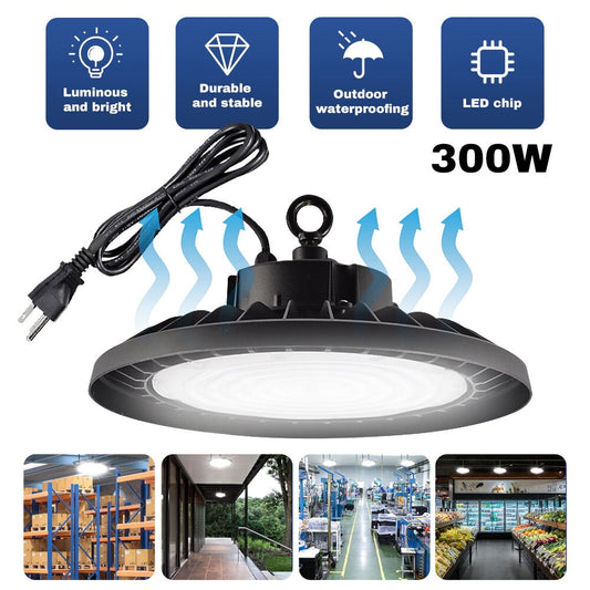 LED High Bay Light 300W,DFITO 36000 LM with US Plug 5ft Cable, 6500K Daylight, Waterproof, UFO Commercial Industrial Warehouse Workshop Factory Barn Garage Area Lighting Fixture