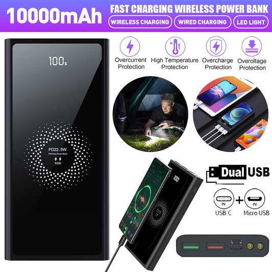 Wireless Power Bank 10000mAh,DFITO 15W Wireless Charging Battery Pack with LED Display Dual USB Output 5V 3A PD Qc 3.0 Portable Charger