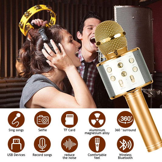 Wireless Bluetooth Karaoke Microphone,DFITO 4in1 Portable Handheld Karaoke Machine Speaker Gift for Kid, Home KTV Player Fit for Android/iPhone/iPad/PC, Gold