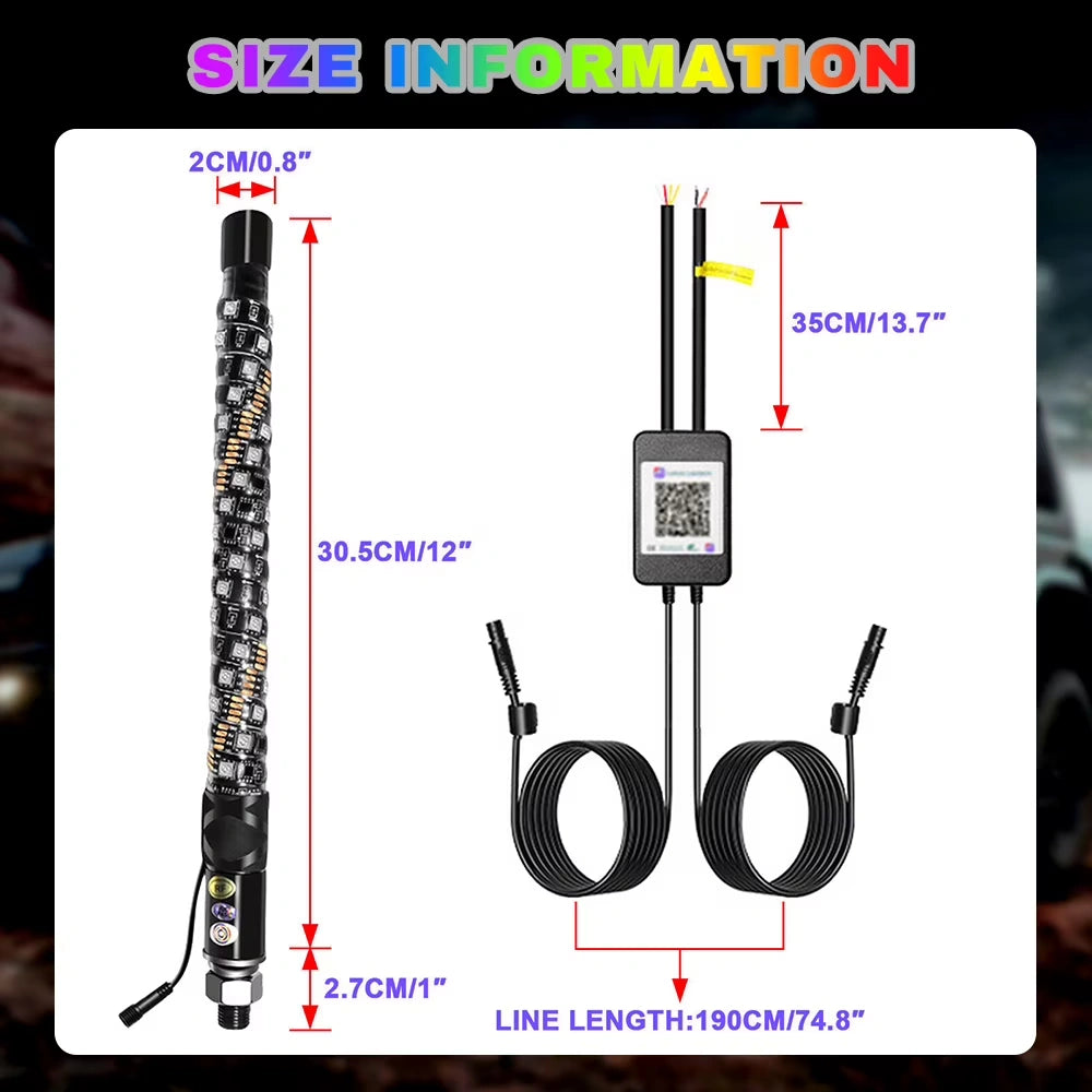 2 Pack 1FT Whip Lights,DFITO LED Whip Light with App & Remote Control, Spiral RGB Chasing Lighted Whips with Rocker Switch, Music Whip Light