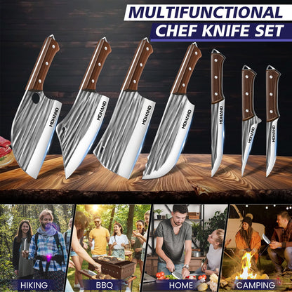 Butcher Knife Set,DFITO 14 PCS Chef Knife Set with Bag, Hand Forged Kitchen Knife Set Meat Cleaver Boning Knife Viking Knife for Kitchen Camping Outdoor BBQ（de）