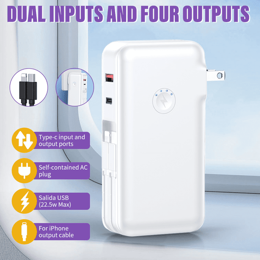 DFITO Portable Charger with Built-in Cables & AC Wall Plug,10000mAh USB-C Power Bank, Battery Pack Phone Charger,White