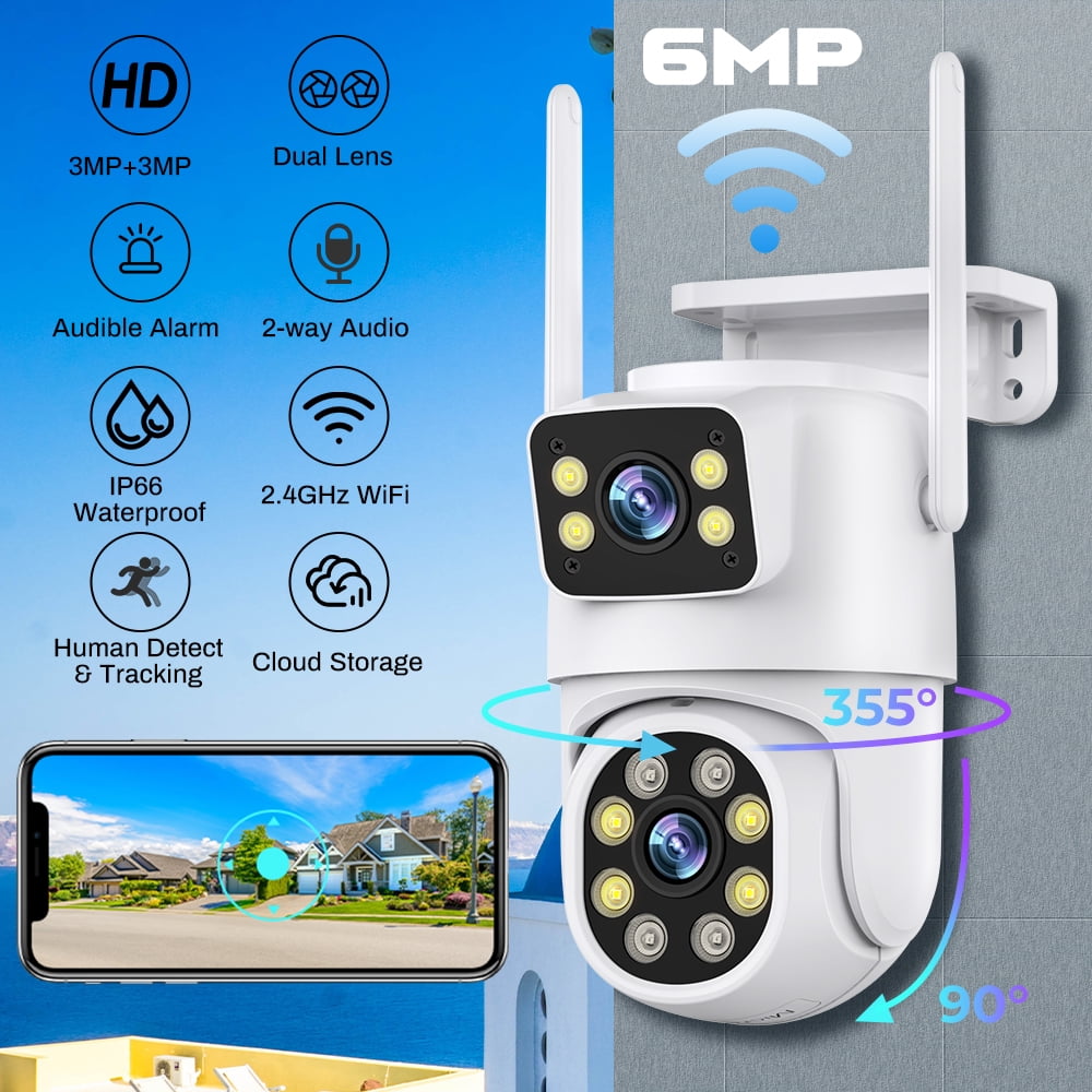 6MP Security Camera Outdoor Indoor Dual Lens,DFITO 2.4G WiFi PTZ Outdoor Camera Home Security with Human Detection, Auto Tracking, Smart AI Alert, Color Night Vision, Two-Way Talk, Waterproof