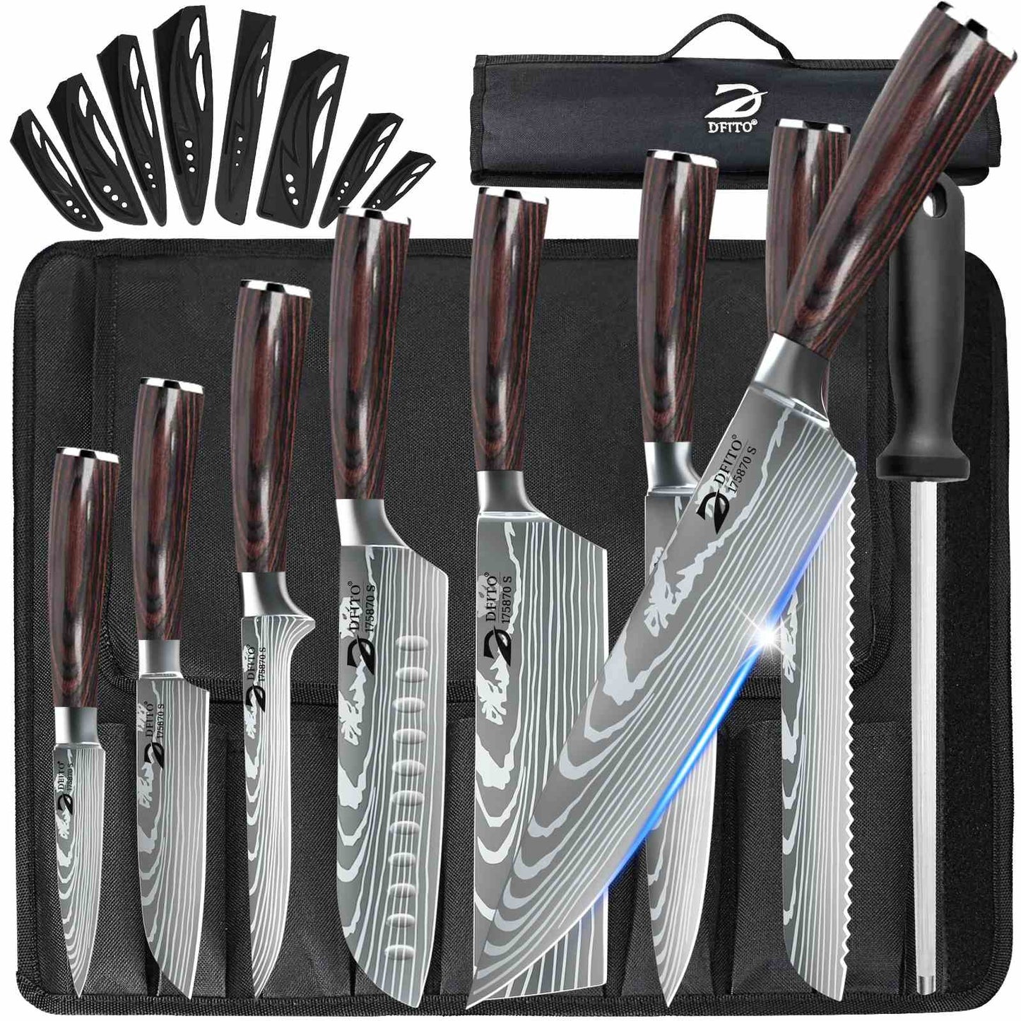 Dfito Chef Knife Sets with Roll Bag, 9 Pieces Professional Knife Set, High Carbon Stainless Steel Kitchen Chef Knife Set