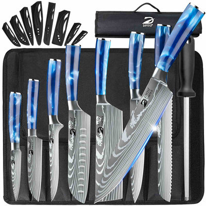Dfito Chef Knife Sets with Roll Bag, 9 Pieces Professional Knife Set, High Carbon Stainless Steel Kitchen Chef Knife Set