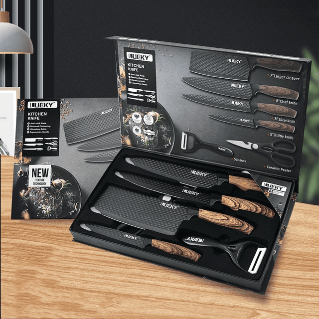 DFITO Knife Set, 6 Pieces Chef Knife Set with Gift Box (8'' Chef's Knife, 8'' Slicing Knife,7'' Kitchen Knife,5'' Universal Knife,Scissors,Skin Scraper),High Carbon Stainless Steel Knife Block Set