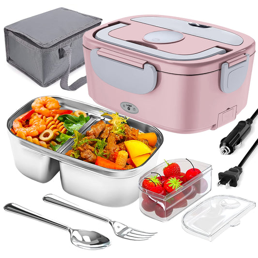 Electric Lunch Box -DFITO Fast 65W Food Heater 3-In-1 Portable Food Warmer Lunch Box W/Leak proof, 2 Compartments, Removable 304 Stainless Steel Container, Fork, Spoon and Carry Bag,Pink