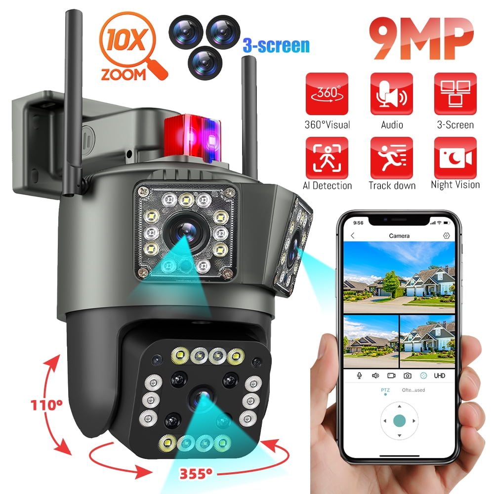 Security Camera Outdoor,DFITO 3MP Three Lens WiFi Wireless Outside Cameras, IP66 Waterproof, AI Human Tracking, Color Night, 2-Way Talk, 360¡«View