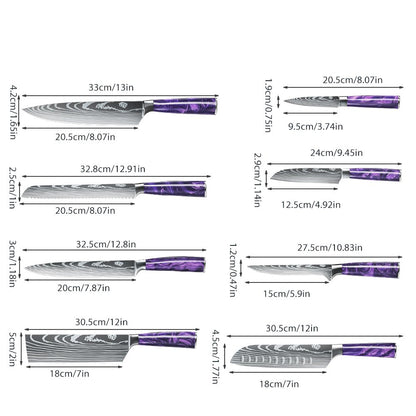 DFITO 8-Piece Kitchen Knife Set, Stainless Steel Professional Cutlery Knife with Sheaths, Storage Bag,Purple Handle