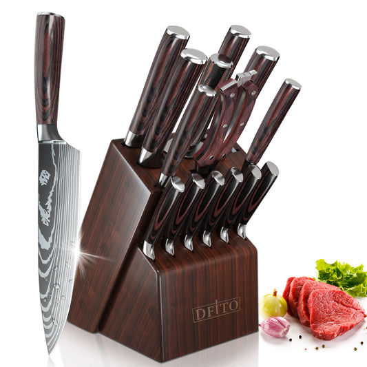 Knife Block Set,DFITO Kitchen Knife Set with Block, 15 Pcs Professional Chef Knife Set with Knife Sharpener & 6 Steak Knives, Ultra Sharp Stainless Steel Knife Set for Kitchen