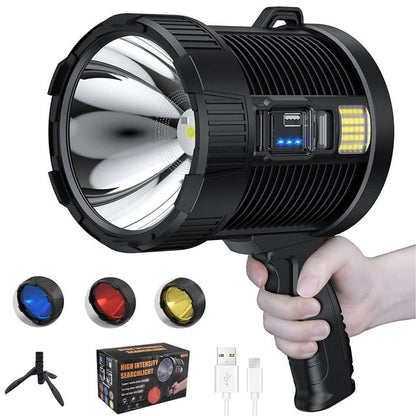 DFITO Rechargeable Spotlight, 100000 Lumens Waterproof LED Searchlight Handheld, Solar Strong Light Flashlight with COB Light for Camping Hiking Fishing