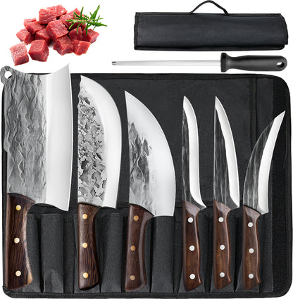 7 Pieces Butcher Knife Set with Roll Bag,DFITO Chef Knife Set for Meat Cleaver Cutting & Viking Knives with Ergonomic Handles, Stainless Steel Hand Forged Kitchen Knife Set for Home, Cooking, Camping