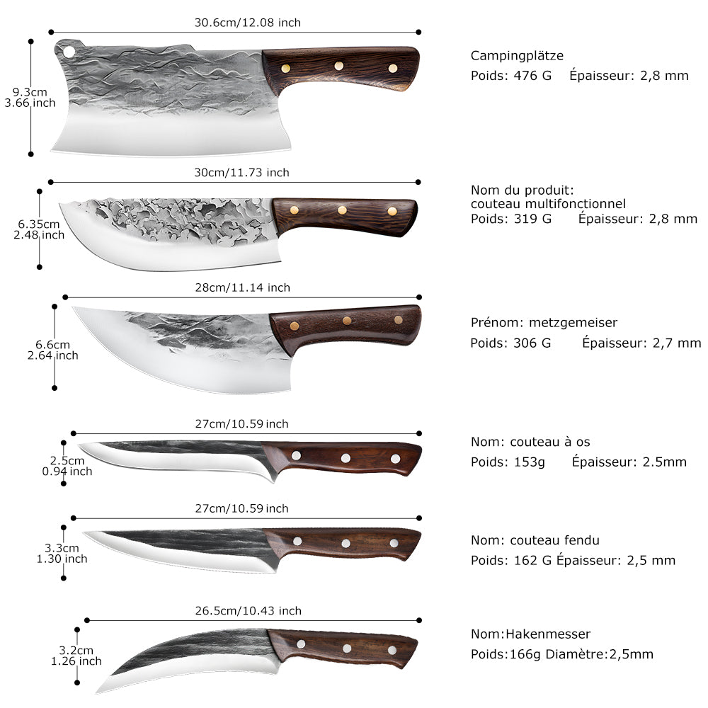 7 Pieces Butcher Knife Set with Roll Bag,DFITO Chef Knife Set for Meat Cleaver Cutting & Viking Knives with Ergonomic Handles, Stainless Steel Hand Forged Kitchen Knife Set for Home, Cooking, Camping