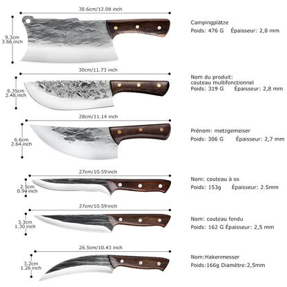 7 Pieces Butcher Knife Set with Roll Bag,DFITO Chef Knife Set for Meat Cleaver Cutting & Viking Knives with Ergonomic Handles, Stainless Steel Hand Forged Kitchen Knife Set for Home, Cooking, Camping
