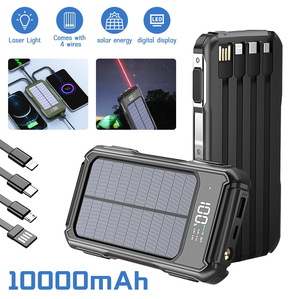 Solar Power Bank 10000mAh with Built in 4 Cables,DFITO Portable Charger Power with High Power Radium Spotlight for Outdoor Camping Hiking (Black)