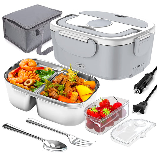 Electric Lunch Box -DFITO Fast 65W Food Heater 3-In-1 Portable Food Warmer Lunch Box W/Leak proof, 2 Compartments, Removable 304 Stainless Steel Container, Fork, Spoon and Carry Bag,Gray