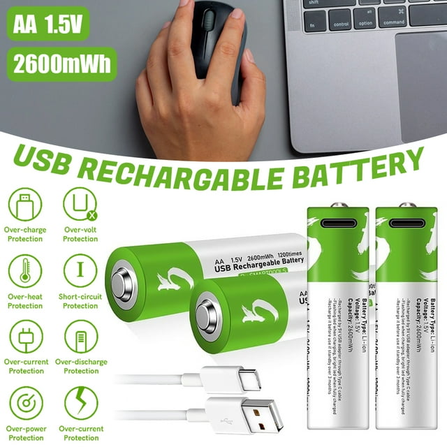 DFITO USB Rechargeable AA Battery, 1.5V / 2600mWh Rechargeable Lithium AA Batteries, Over 1200 Cycles, 1.5 Hours Fast Charging