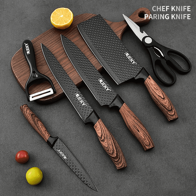 DFITO Knife Set, 6 Pieces Chef Knife Set with Gift Box (8'' Chef's Knife, 8'' Slicing Knife,7'' Kitchen Knife,5'' Universal Knife,Scissors,Skin Scraper),High Carbon Stainless Steel Knife Block Set