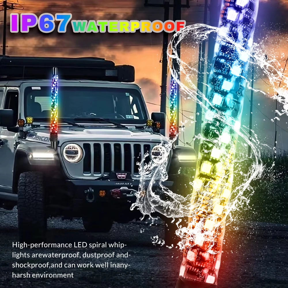 2 Pack 1FT Whip Lights,DFITO LED Whip Light with App & Remote Control, Spiral RGB Chasing Lighted Whips with Rocker Switch, Music Whip Light