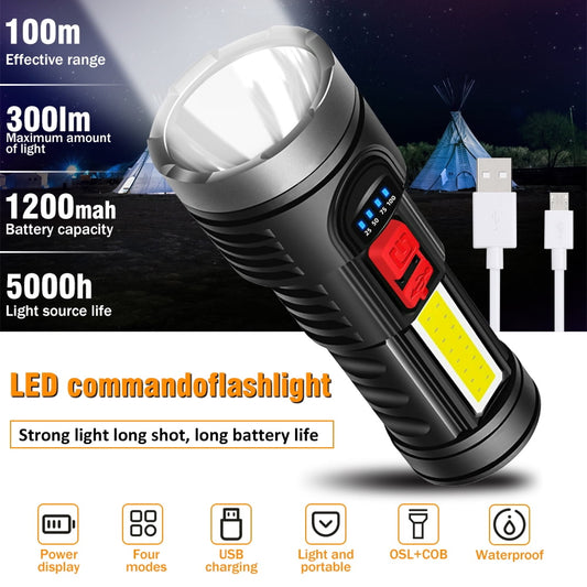 Flashlight,DFITO USB Charge Tactical Torch, IPX6 Waterproof Torch, Super Bright LED, Power Display, Light and Portable LED Torch Suitable for Hiking/Camping/Emergency, Black