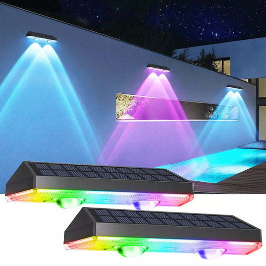 Solar Fence Lights Outdoor 2 Pack,DFITO Warm White & RGB Changing Solar Deck Lights, IP65 Waterproof Solar Lights Outdoor, LED Solar Lights for Outside Wall Railing Patio Stair Step Yard Backyard