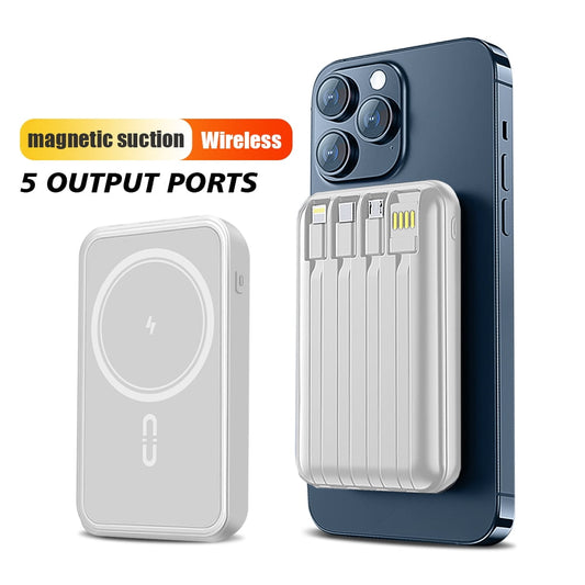Magnetische kabellose Powerbank, DFITO Tragbares 10000 mAh Ladegerät mit 4 integrierten Kabeln, schlanke Schnelllade-Powerbank für Mobiltelefone (Weiß)