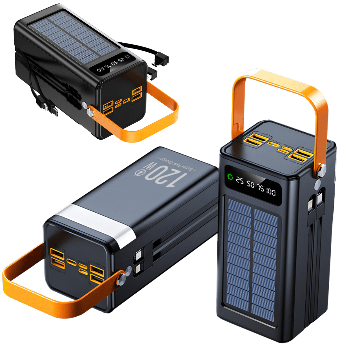 DFITO 50000mAh Solar Powerbank mit integrierten Kabeln, PD 22.5W Schnellladung, LED Campinglicht
