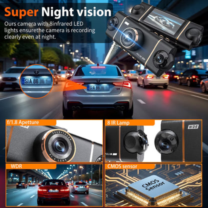 DFITO 4-Kanal Dashcam vorne und hinten innen, 1080P Dashcam für Autos, 8 IR Nachtsicht, APP & WiFi Unterstützung, 24H Parkmodus