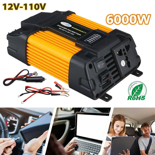 Inverter, DFITO 6000W Peak Car Power Inverter Dc 12V to 110V Ac Converter, with 1 Ac Outlet and 2 USB Car Charger, Camera/ Laptop Car Accessories, for Camping/ Road Trips/ Outdoor Work