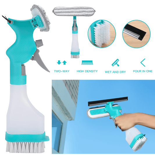 Window Cleaner,4 in 1 Window Cleaning Kit, Window Vacuum Squeegee Cordless, Window Cleaner Tool with Spray/Brush Cleaner/Wipe Multihead Cleaning Brush